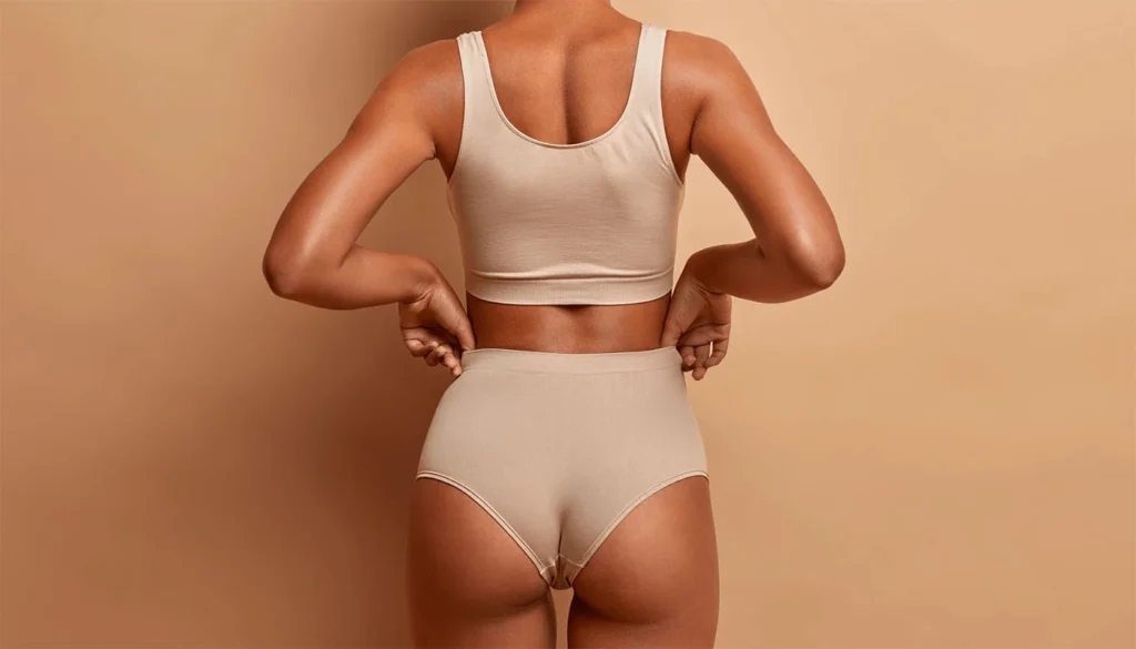 Woman facing wall showing her buttocks